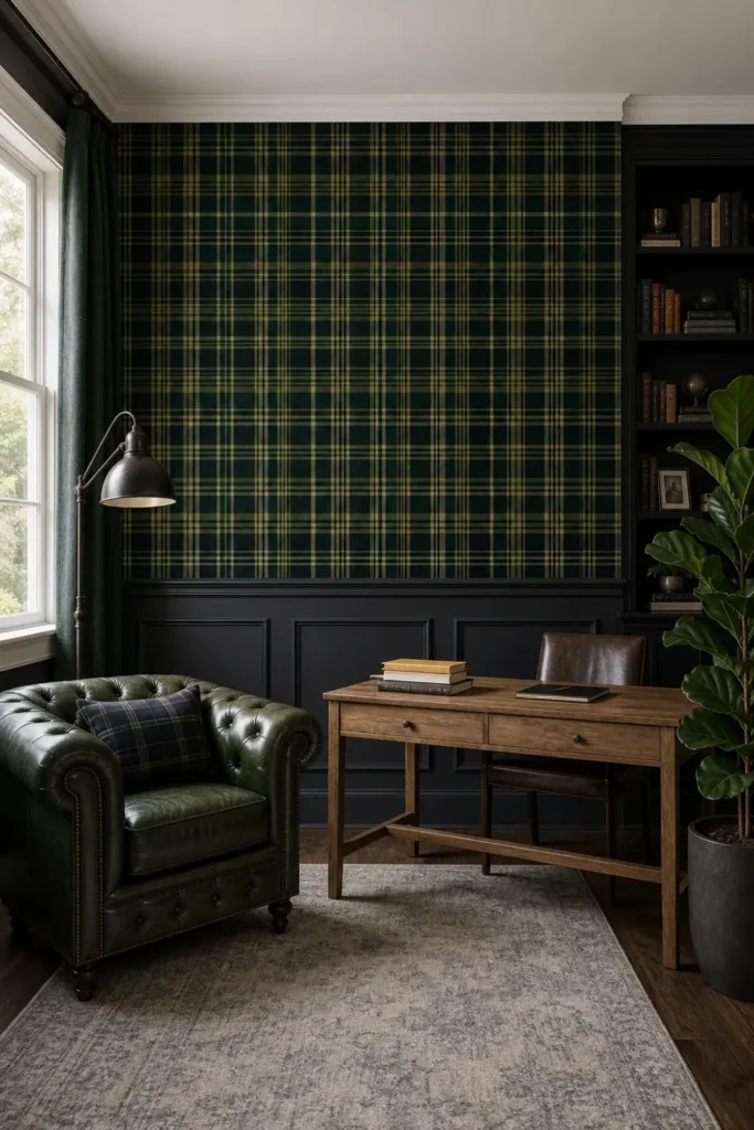 A modern English study featuring a dense forest green tartan plaid wallpaper above dark charcoal wainscoting.