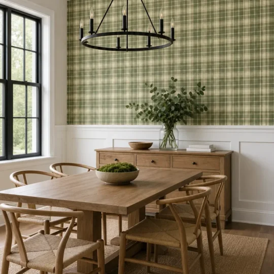 A modern farmhouse dining room featuring dense sage green micro plaid wallpaper above white wainscoting.