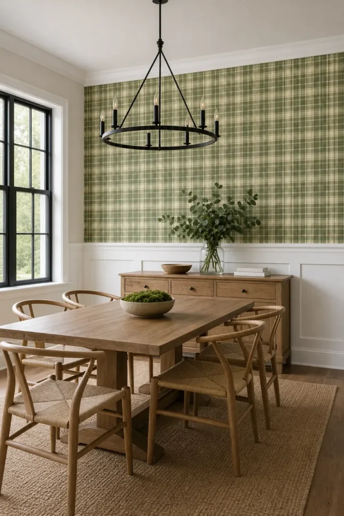 A modern farmhouse dining room featuring dense sage green micro plaid wallpaper above white wainscoting.