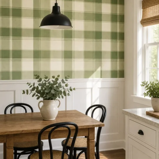 A modern farmhouse kitchen breakfast nook featuring moss green gingham plaid wallpaper above white wainscoting.
