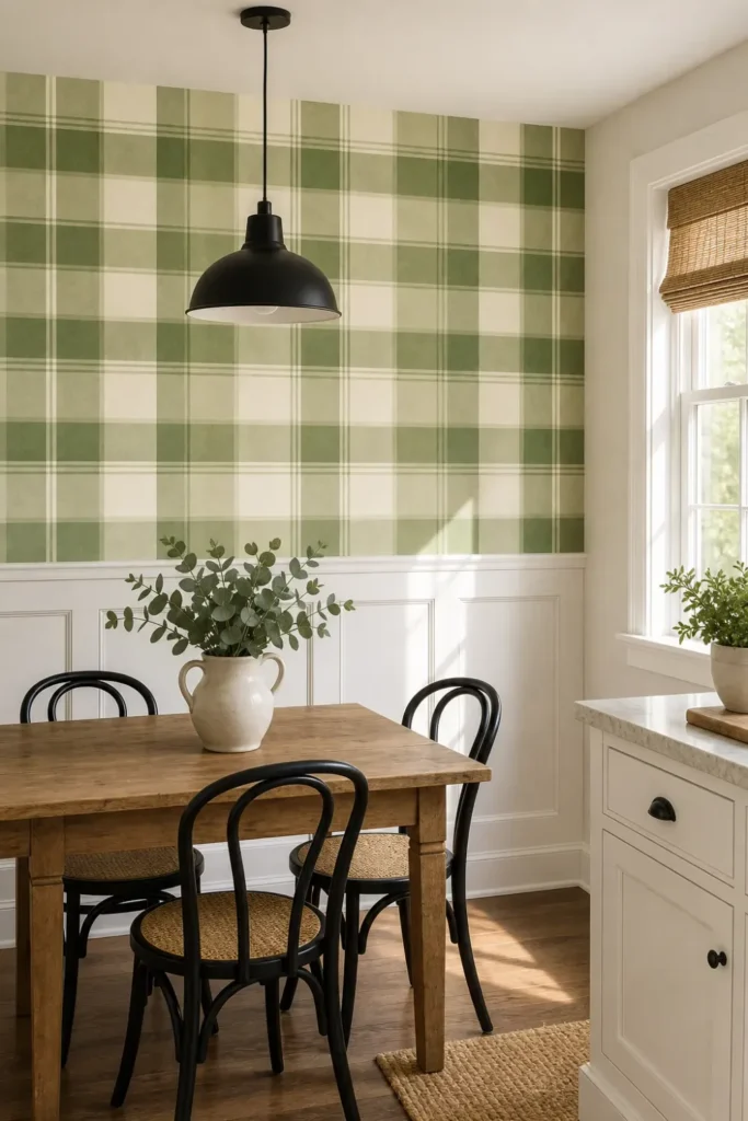 A modern farmhouse kitchen breakfast nook featuring moss green gingham plaid wallpaper above white wainscoting.