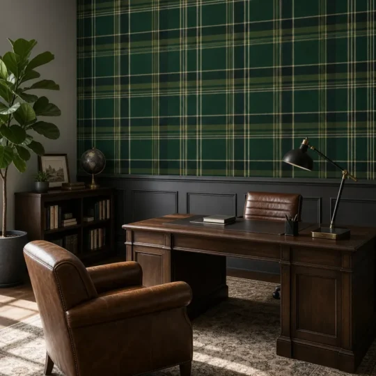 A modern heritage study featuring a deep forest green tartan wallpaper on the upper wall above charcoal wainscoting.