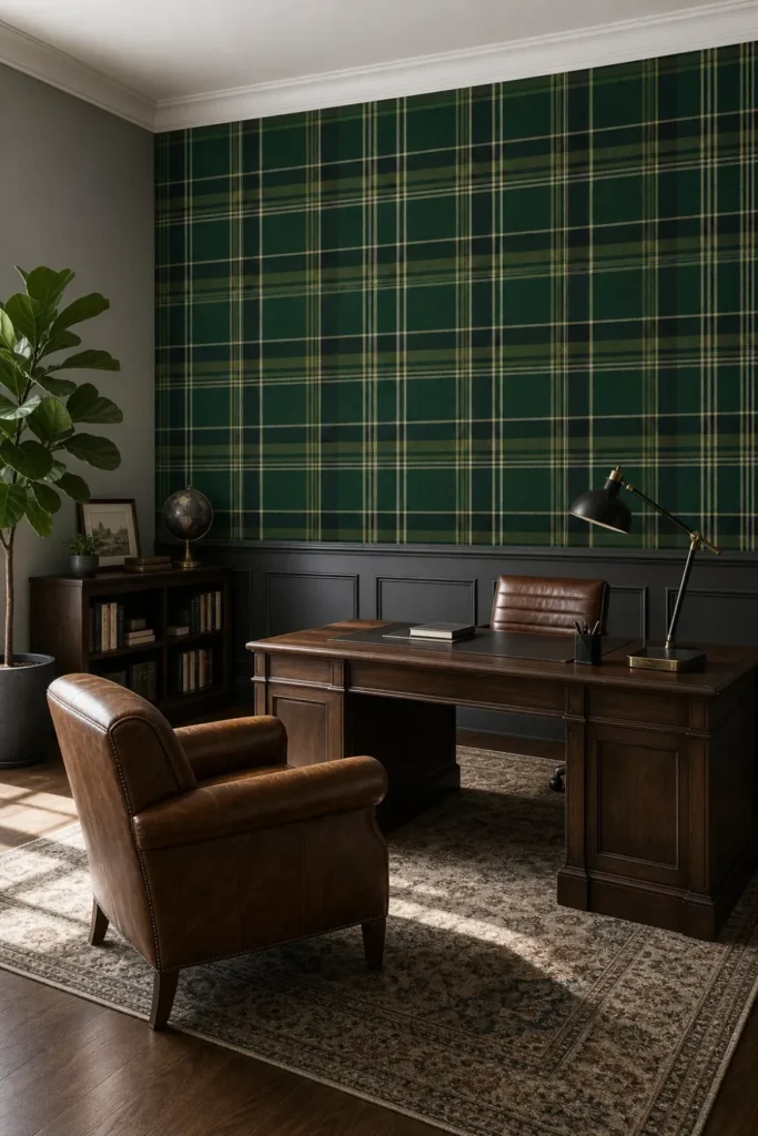 A modern heritage study featuring a deep forest green tartan wallpaper on the upper wall above charcoal wainscoting.
