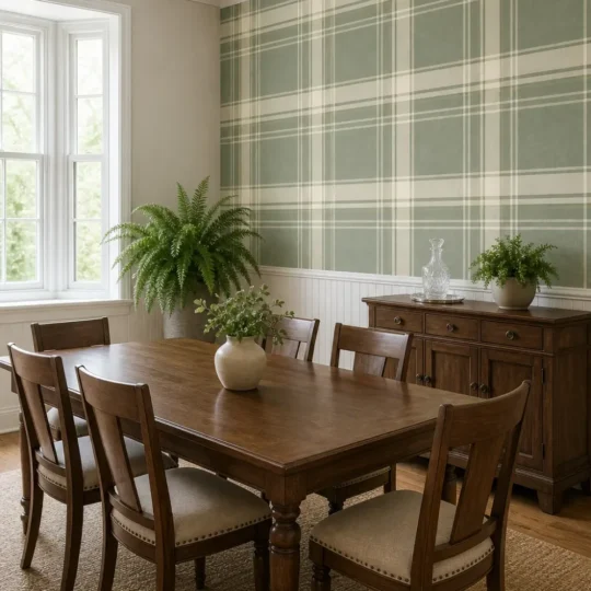 A modern traditional dining room featuring sage green linen plaid wallpaper above white beadboard wainscoting.