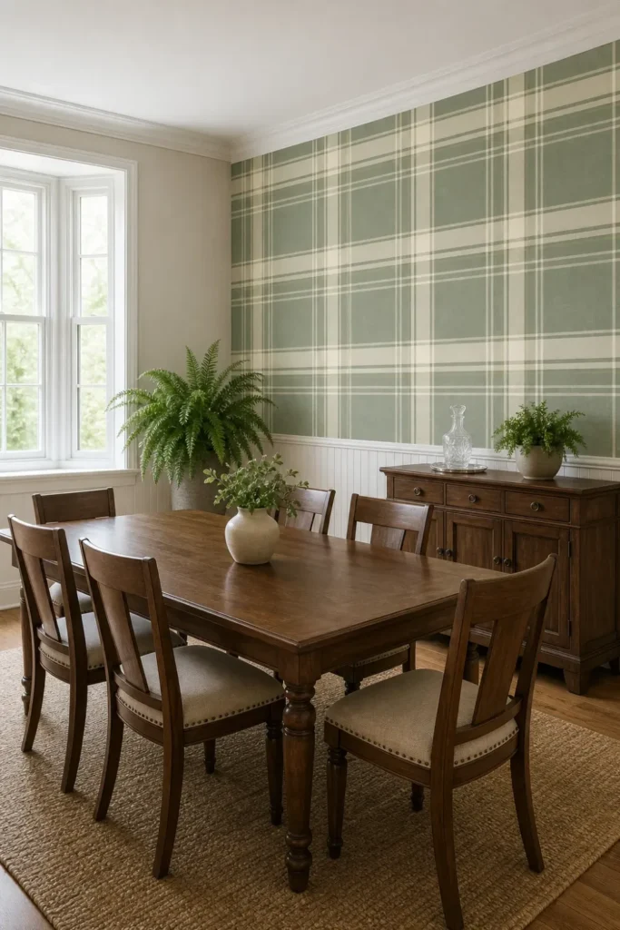 A modern traditional dining room featuring sage green linen plaid wallpaper above white beadboard wainscoting.
