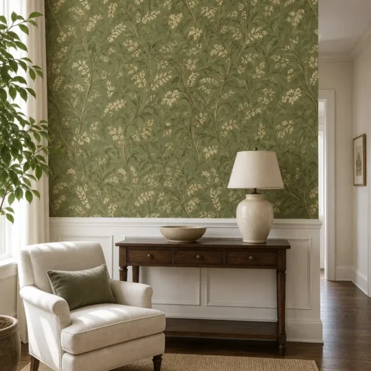 A traditional European transition room featuring a sage green botanical wallpaper mural applied above white wainscoting.