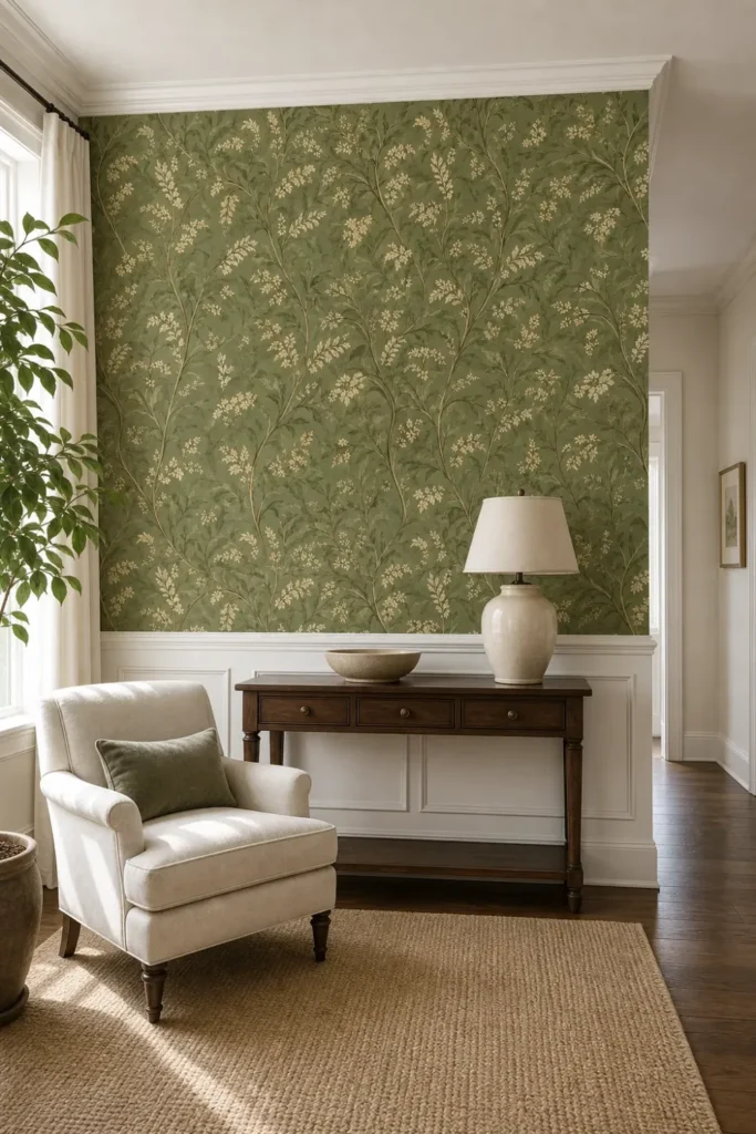 A traditional European transition room featuring a sage green botanical wallpaper mural applied above white wainscoting.