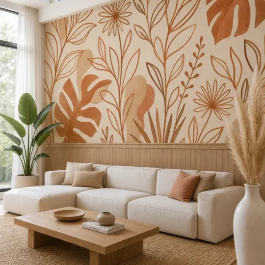 A Scandinavian lounge featuring an earthy abstract garden mural on the primary feature wall above oak wainscoting.