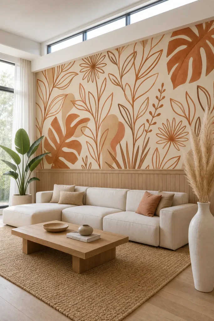 A Scandinavian lounge featuring an earthy abstract garden mural on the primary feature wall above oak wainscoting.
