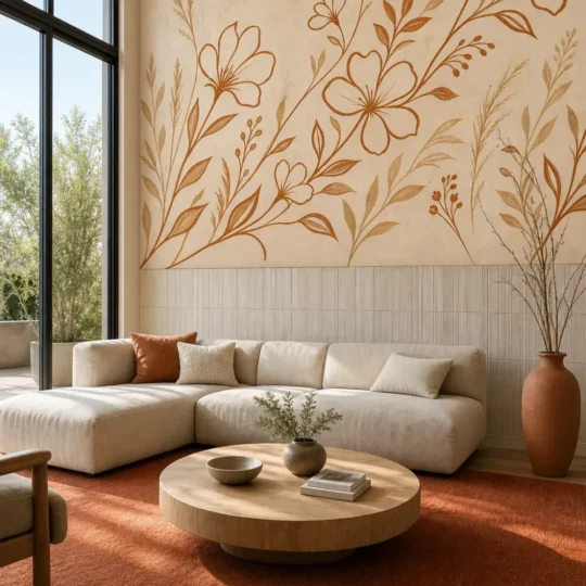 A Contemporary Scandi-Organic living room featuring the cinnamon meadow vine mural as a half-wall treatment above minimalist paneling.
