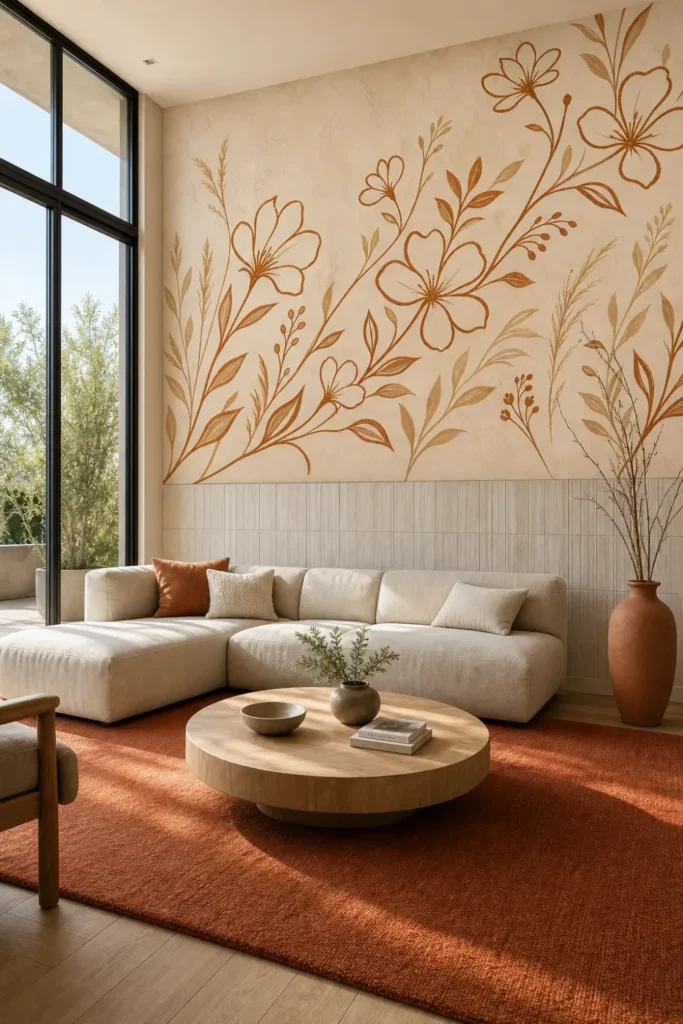 A Contemporary Scandi-Organic living room featuring the cinnamon meadow vine mural as a half-wall treatment above minimalist paneling.