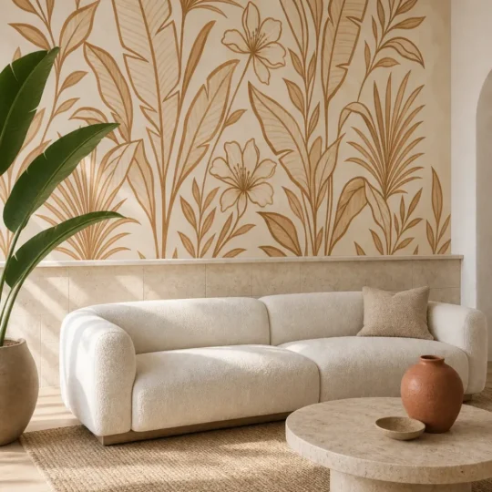 Modern Mediterranean living room featuring a clay palm leaf contour mural on the focal wall.