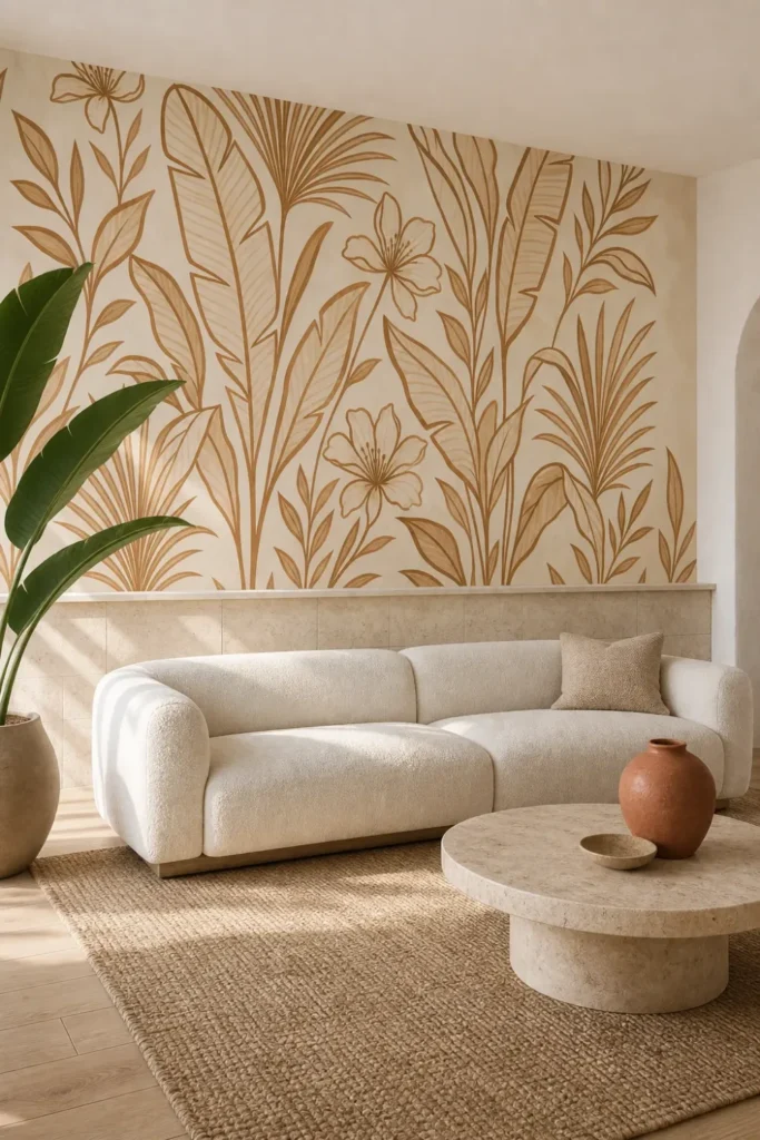 Modern Mediterranean living room featuring a clay palm leaf contour mural on the focal wall.