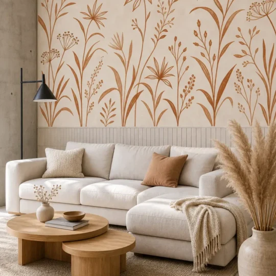 A modern Scandinavian living room featuring a warm ochre wildflower line mural on the upper half of a large plaster wall.