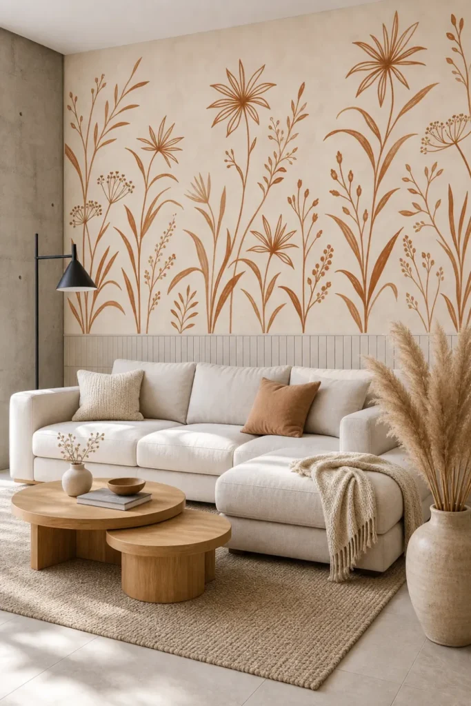 A modern Scandinavian living room featuring a warm ochre wildflower line mural on the upper half of a large plaster wall.