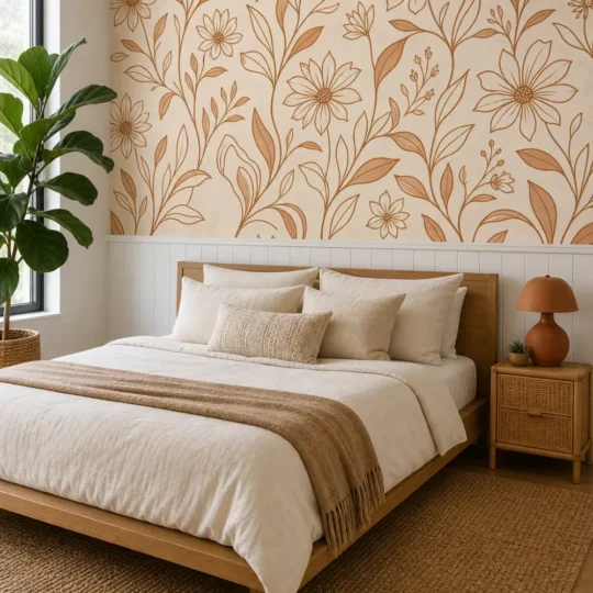 A modern Mediterranean bedroom featuring a terracotta botanical line art mural on a plaster accent wall behind a low-profile bed.