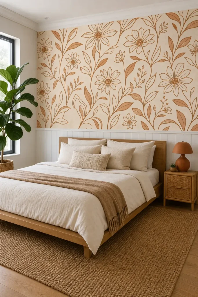 A modern Mediterranean bedroom featuring a terracotta botanical line art mural on a plaster accent wall behind a low-profile bed.