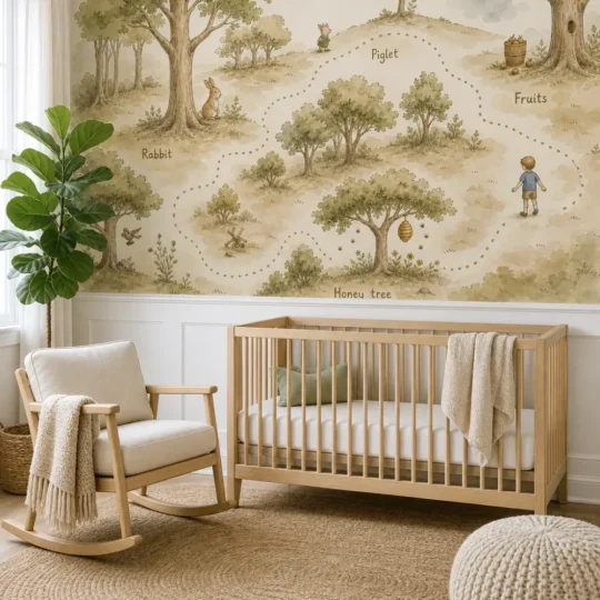 A modern Scandinavian nursery featuring a woodland storybook map wall mural installed above white wainscoting.