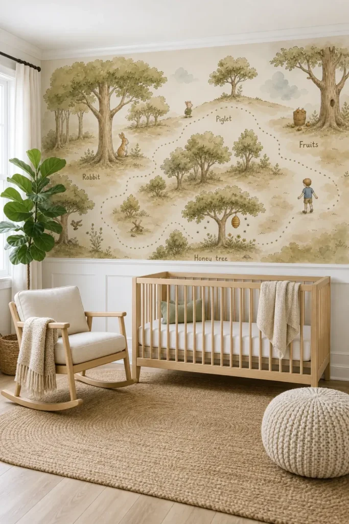 A modern Scandinavian nursery featuring a woodland storybook map wall mural installed above white wainscoting.