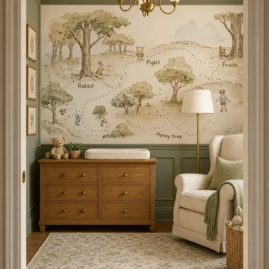 A traditional nursery featuring vintage forest map wallpaper above sage green wainscoting with a wooden dresser and glider chair.