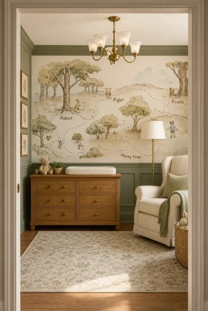 A traditional nursery featuring vintage forest map wallpaper above sage green wainscoting with a wooden dresser and glider chair.