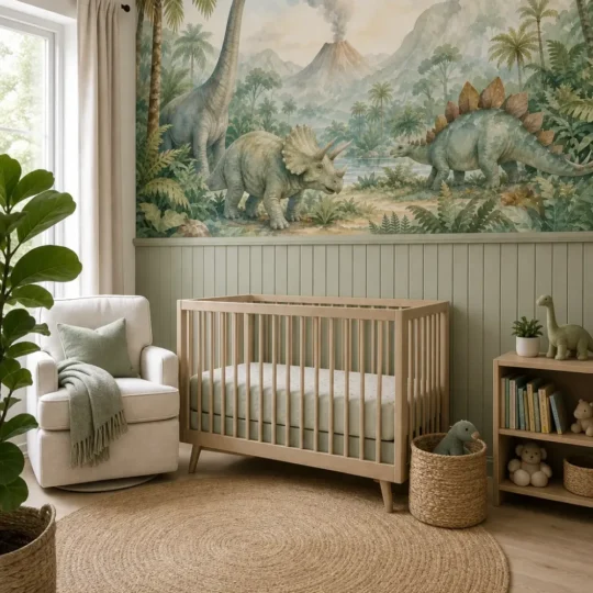 A modern Scandi-industrial nursery featuring a watercolor jungle dinosaur mural on the accent wall above sage green wainscoting.