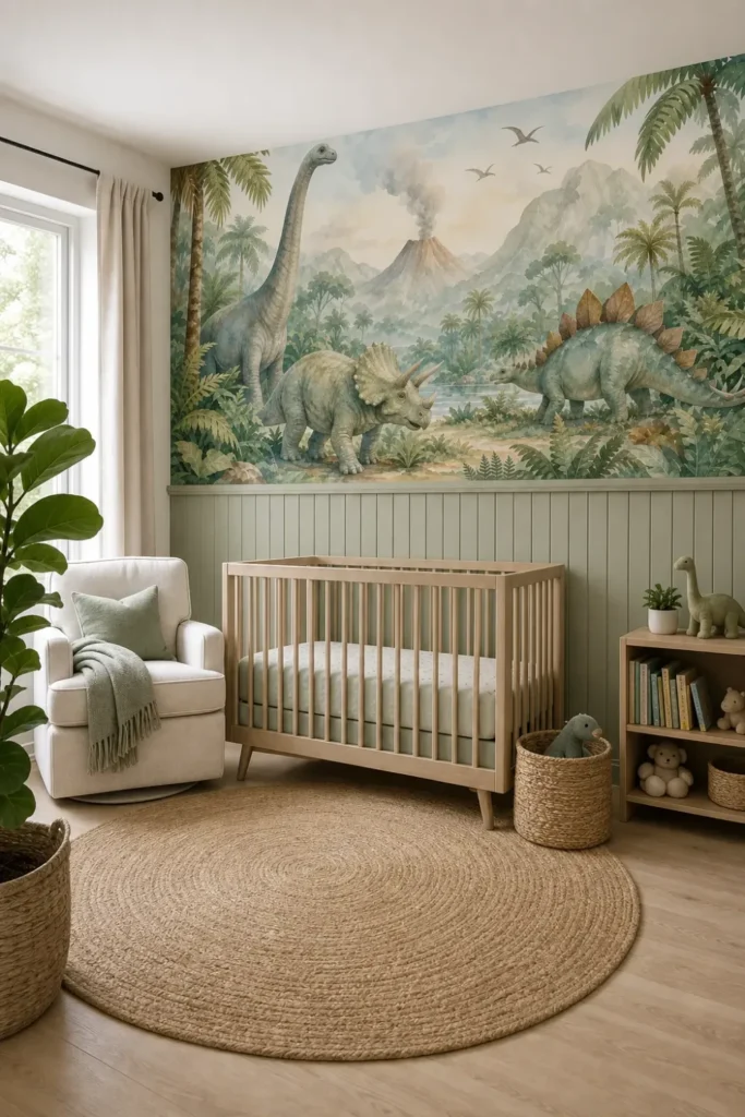 A modern Scandi-industrial nursery featuring a watercolor jungle dinosaur mural on the accent wall above sage green wainscoting.