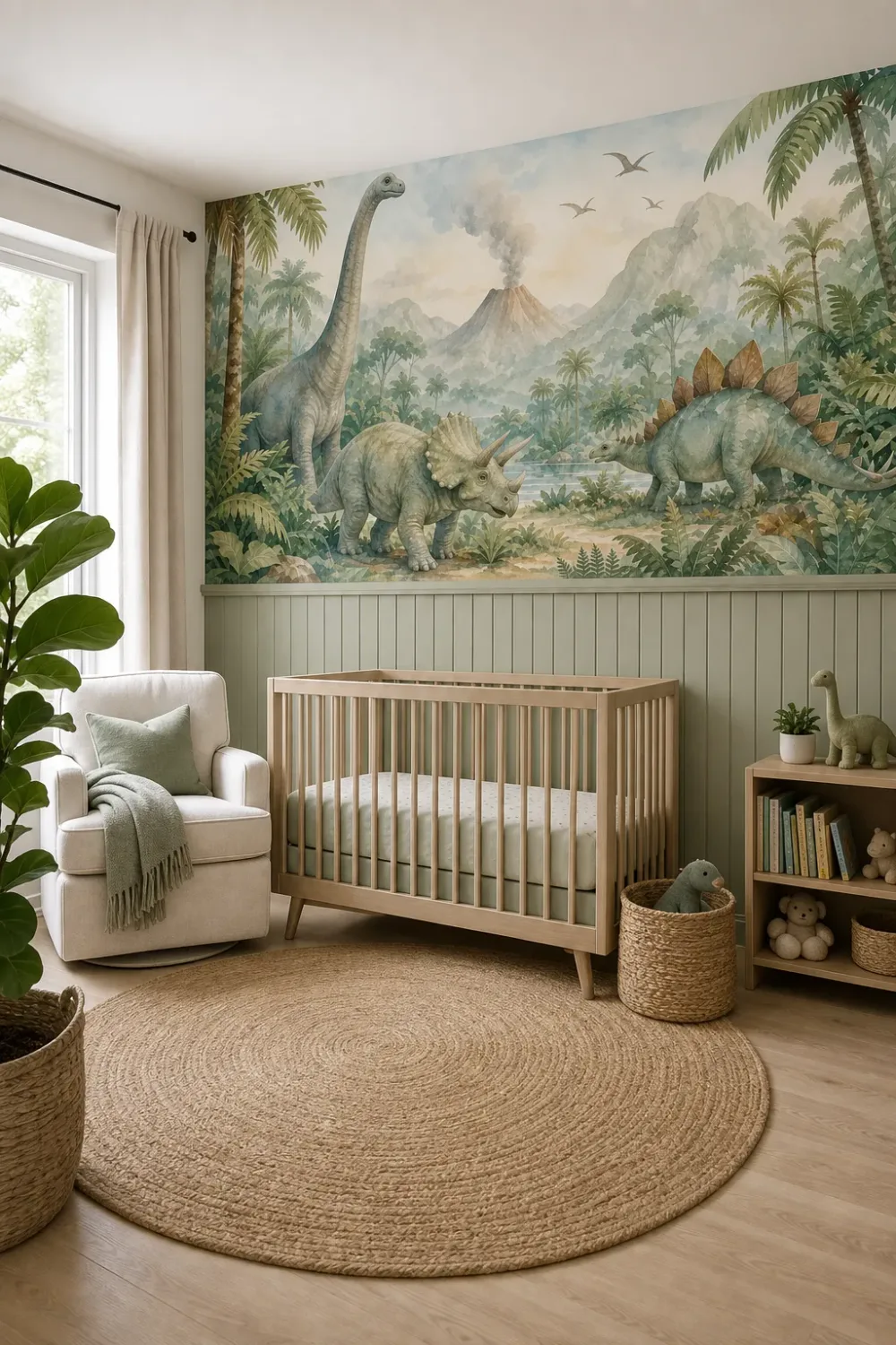 A modern Scandi-industrial nursery featuring a watercolor jungle dinosaur mural on the accent wall above sage green wainscoting.