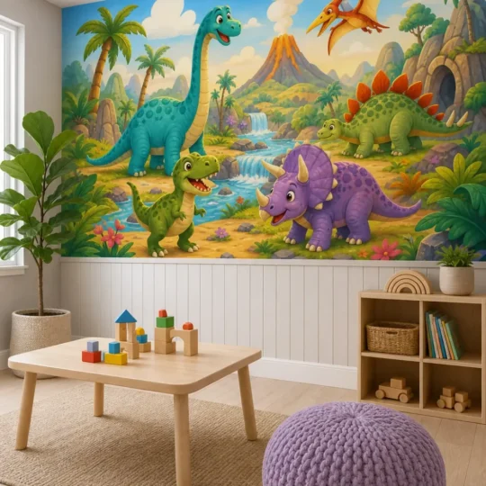 A modern Scandinavian playroom featuring a playful cartoon dinosaur adventure mural on a large accent wall above white wainscoting.