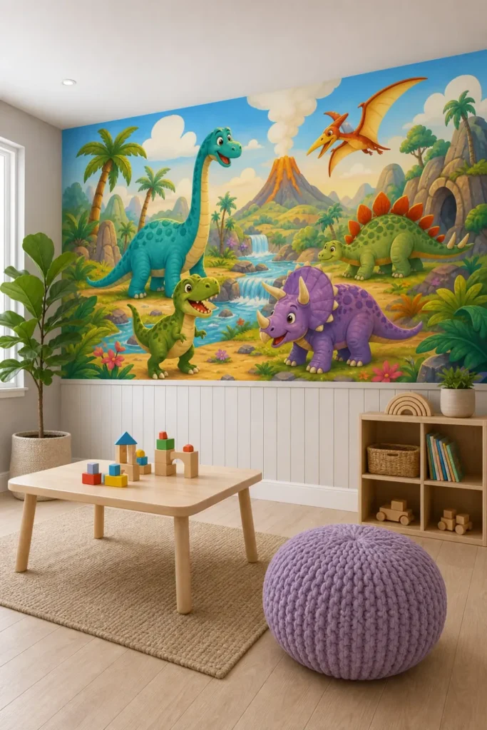 A modern Scandinavian playroom featuring a playful cartoon dinosaur adventure mural on a large accent wall above white wainscoting.