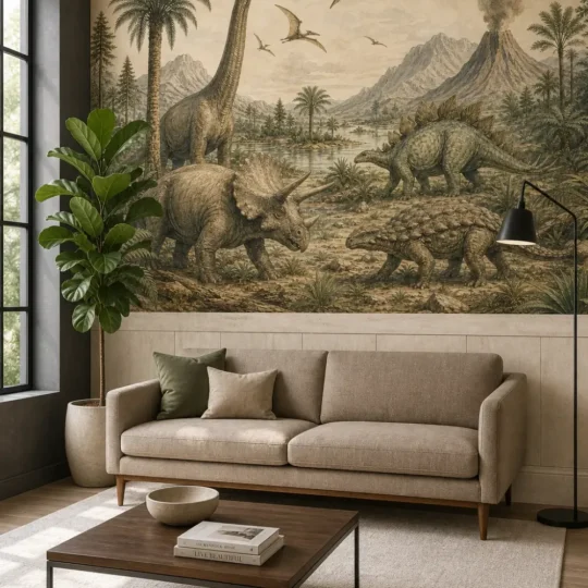 A modern naturalist library featuring a vintage scientific dinosaur mural installed above limestone wainscoting.