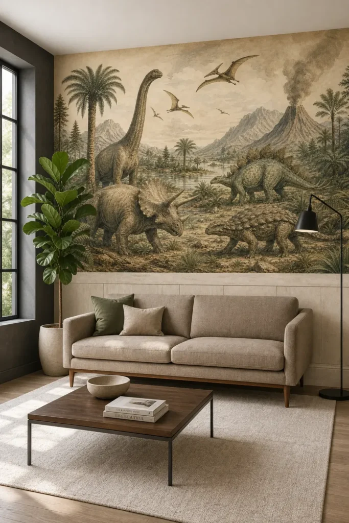 A modern naturalist library featuring a vintage scientific dinosaur mural installed above limestone wainscoting.