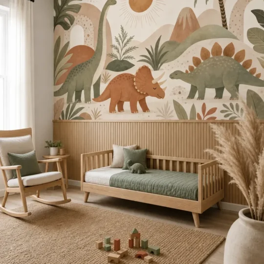 A stylized neutral boho kids dinosaur mural installed in a modern Scandinavian nursery above oak wainscoting.