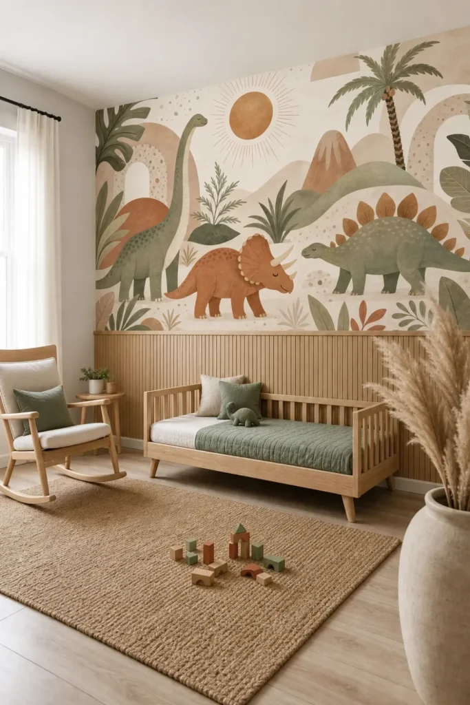 A stylized neutral boho kids dinosaur mural installed in a modern Scandinavian nursery above oak wainscoting.