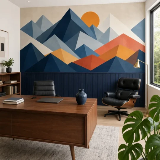 A Mid-Century Modern office featuring modern geometric mountain peaks mural installed above navy blue slat paneling.