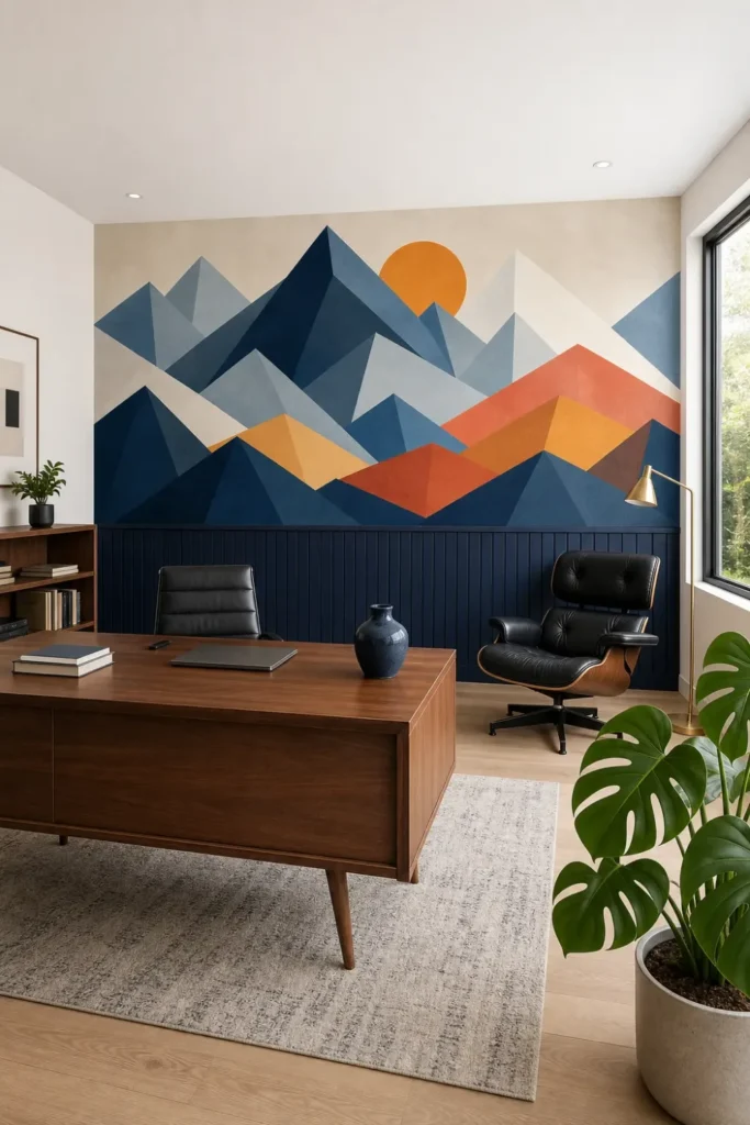 A Mid-Century Modern office featuring modern geometric mountain peaks mural installed above navy blue slat paneling.