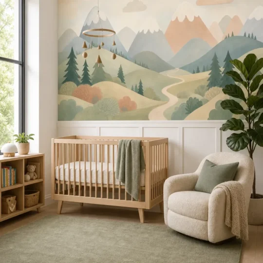 A Scandinavian nursery featuring a soft childrens mountain mural installed above white wainscoting behind a modern crib.