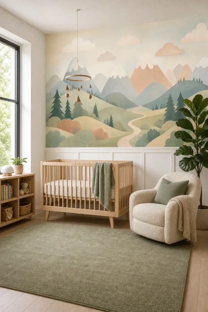 A Scandinavian nursery featuring a soft childrens mountain mural installed above white wainscoting behind a modern crib.
