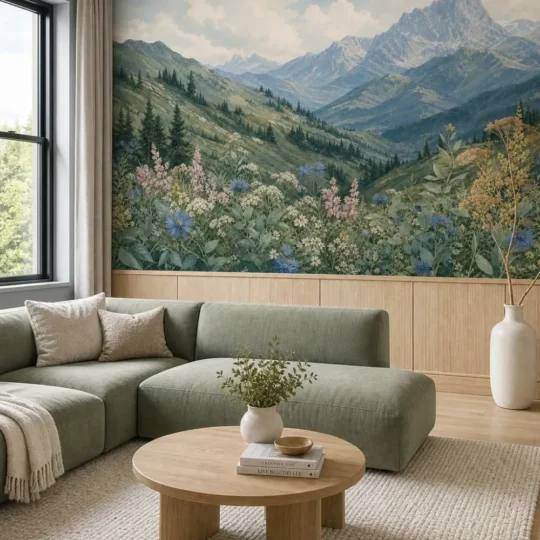 A modern Scandinavian living room featuring a botanical alpine mountain meadow mural on the upper half of a feature wall above light oak paneling.