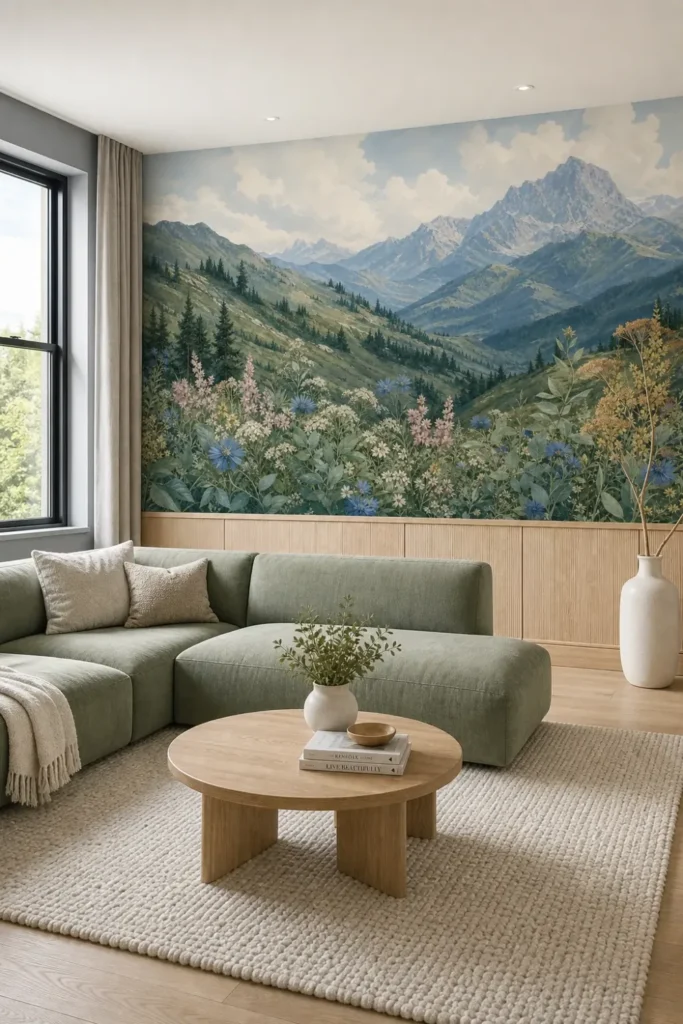 A modern Scandinavian living room featuring a botanical alpine mountain meadow mural on the upper half of a feature wall above light oak paneling.