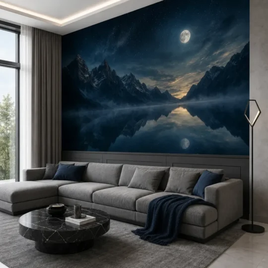 A high-end contemporary lounge featuring a moonlit star lake mountain mural on the upper half of a large accent wall.