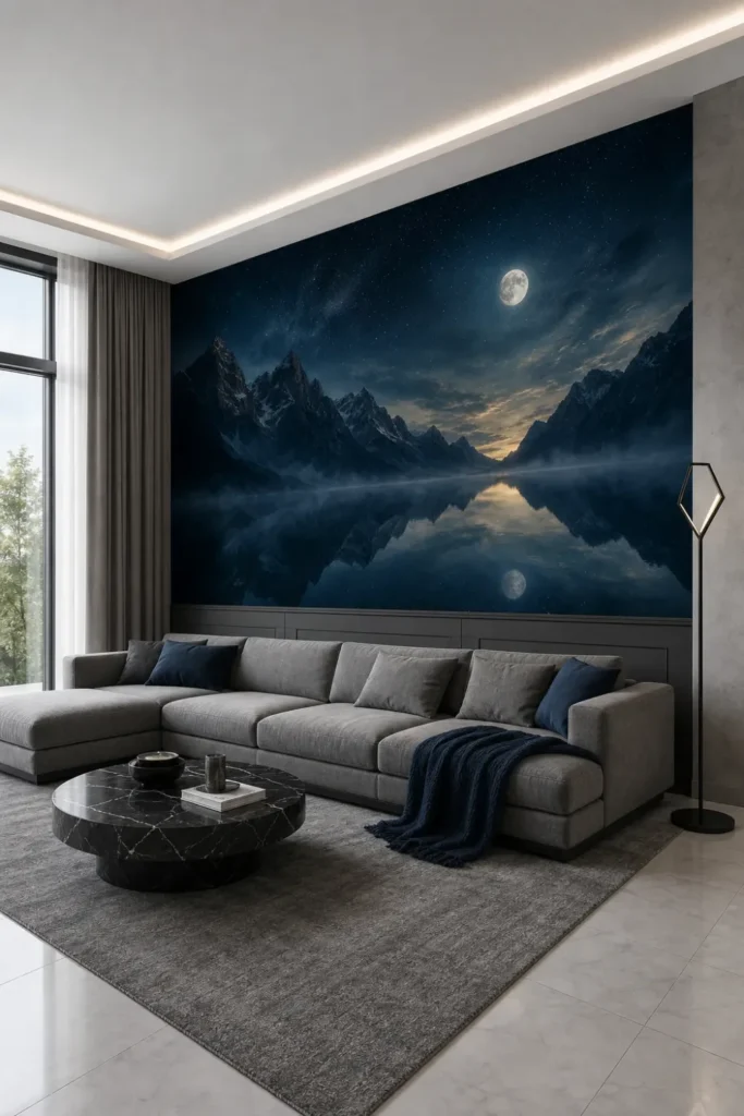 A high-end contemporary lounge featuring a moonlit star lake mountain mural on the upper half of a large accent wall.