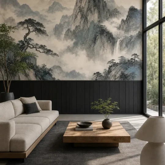 A modern Zen living room featuring a heritage ink wash mountain landscape mural above black wood wainscoting.