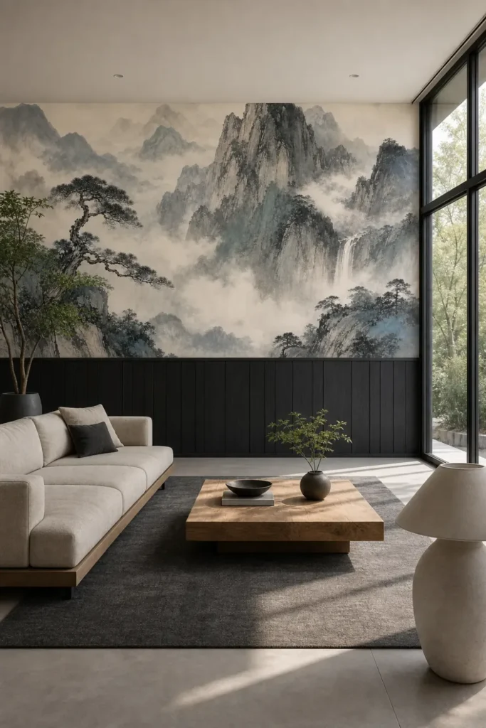 A modern Zen living room featuring a heritage ink wash mountain landscape mural above black wood wainscoting.