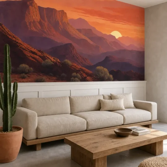 A modern southwestern living room featuring a desert mountain sunset mural installed above white wainscoting.