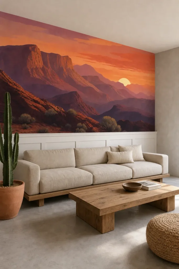 A modern southwestern living room featuring a desert mountain sunset mural installed above white wainscoting.