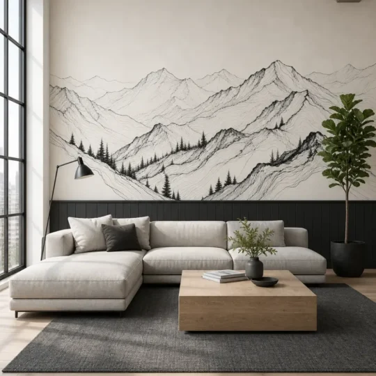 Scandinavian modern loft featuring a minimal black ink mountain ridges mural on the upper feature wall above white wainscoting.