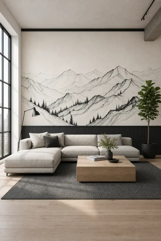 Scandinavian modern loft featuring a minimal black ink mountain ridges mural on the upper feature wall above white wainscoting.