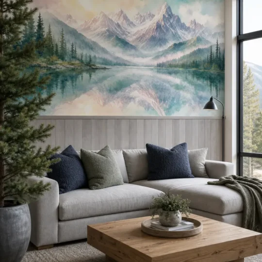 A modern Scandinavian lodge living room featuring a watercolor alpine lake mountain reflection wall mural above gray wainscoting.