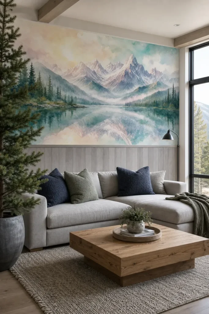 A modern Scandinavian lodge living room featuring a watercolor alpine lake mountain reflection wall mural above gray wainscoting.